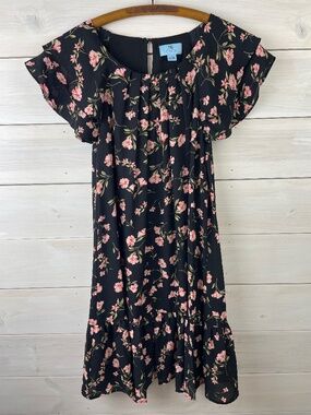 CeCe Black Floral Ruffle Hem Short Ruffle Cap Sleeve Dress